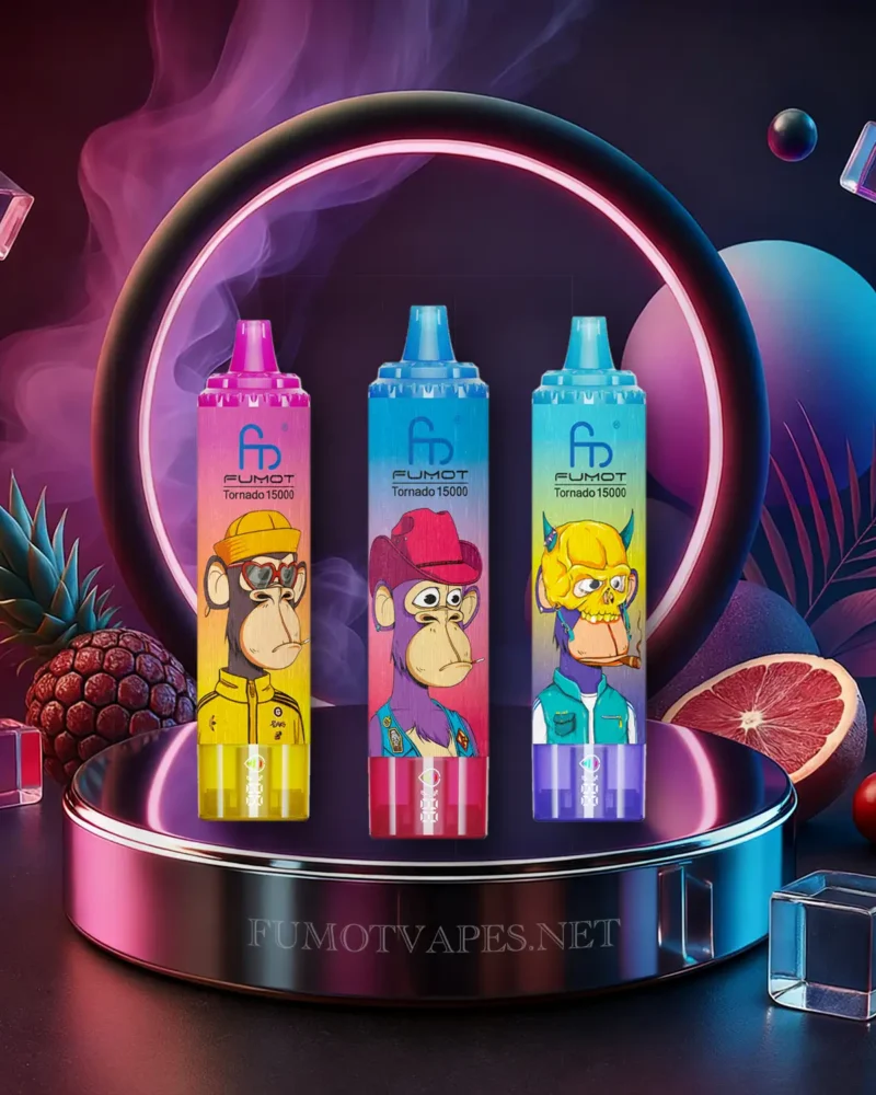 Fumot Randm Tornado 15000 Vapes auf einem schwarzen Podest präsentiert