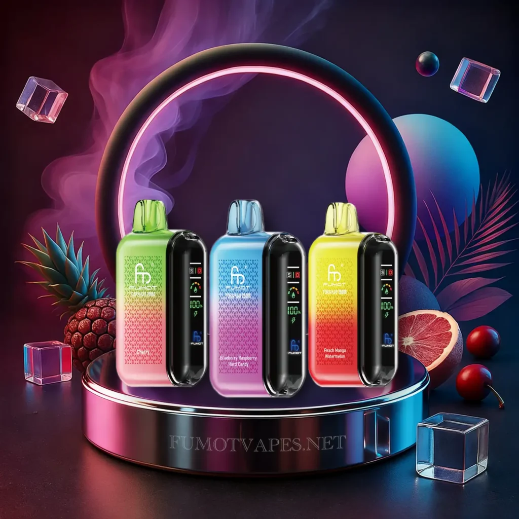 Fumot Tornado 20000 Vapes auf einem schwarzen Podest präsentiert