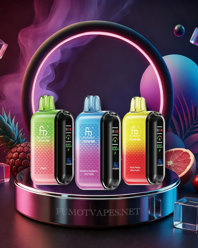 Fumot Tornado 20000 Vapes auf einem schwarzen Podest präsentiert