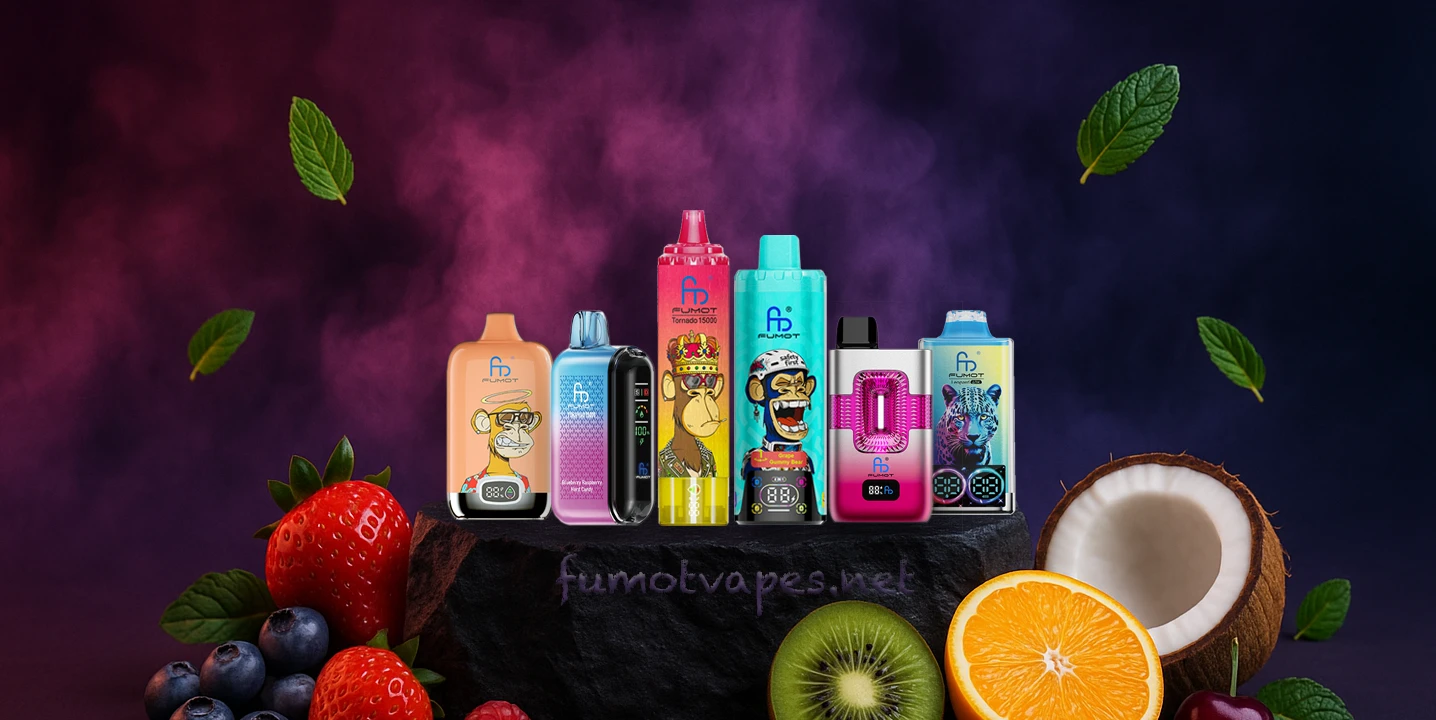 Fumot Vape-Produktpalette auf einer schwarzen Präsentationsplattform