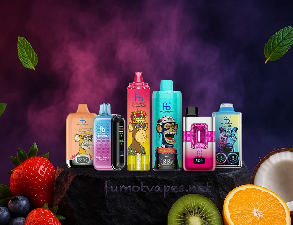 Fumot Vape-Produktpalette auf einer schwarzen Präsentationsplattform