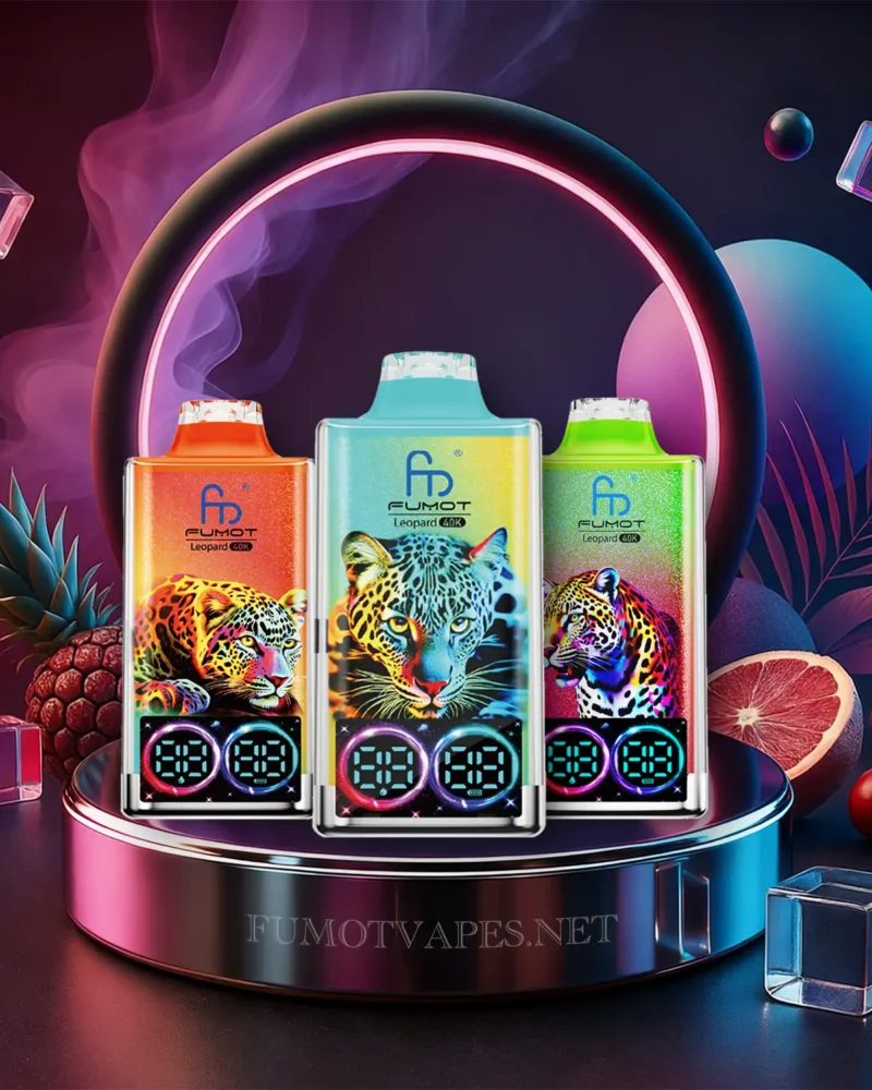 Fumot Leopard 40K Vapes auf einem schwarzen Podest präsentiert